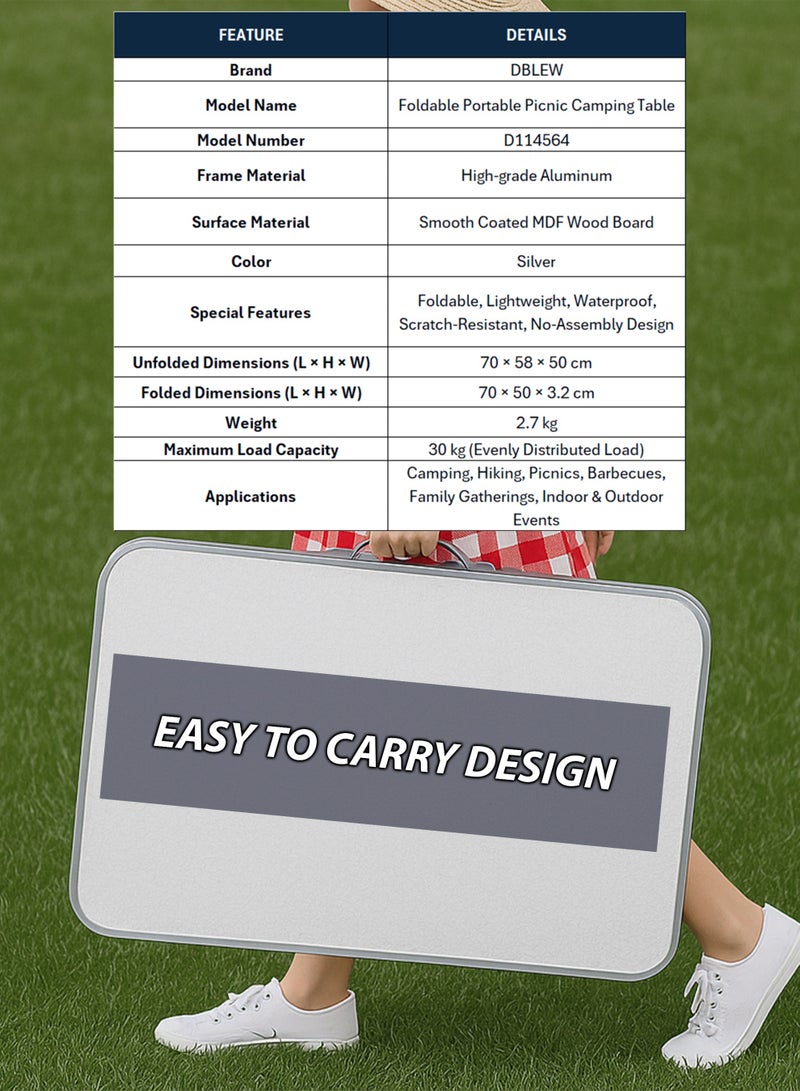 DBLEW طاولة تخييم قابلة للطي من الألمنيوم، طاولة نزهة محمولة، طاولة خارجية مقاومة للماء وخفيفة الوزن قابلة للطي مع مقبض للشواء، المشي، الشاطئ، الحديقة، الشرفة، الاستخدام المنزلي والداخلي 70—50 سم - Image 2