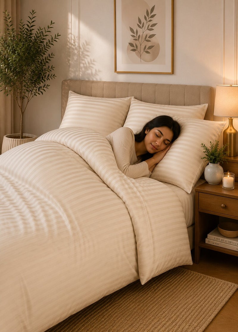 Aristocrat 4-Piece Stripe Microfiber Duvet Cover Set | Queen | Includes 1 Duvet Cover (220x240cm), 1 Deep Pocket Fitted Sheet (180x200+30cm) & 2 Pillowcases (53x75+15cm) | Ultra Soft, Breathable & Wrinkle Resistant | cream - Image 5