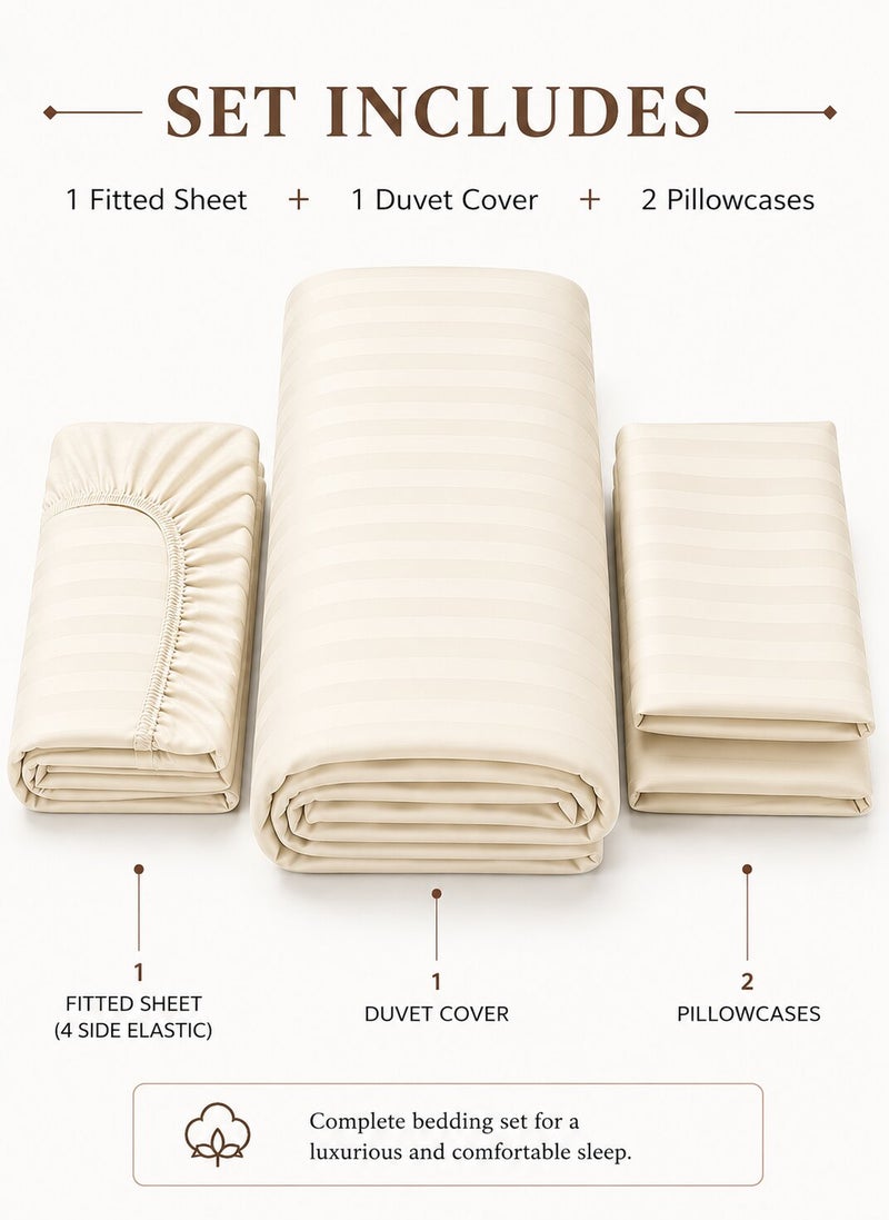 Aristocrat 4-Piece Stripe Microfiber Duvet Cover Set | Queen | Includes 1 Duvet Cover (220x240cm), 1 Deep Pocket Fitted Sheet (180x200+30cm) & 2 Pillowcases (53x75+15cm) | Ultra Soft, Breathable & Wrinkle Resistant | cream - Image 2