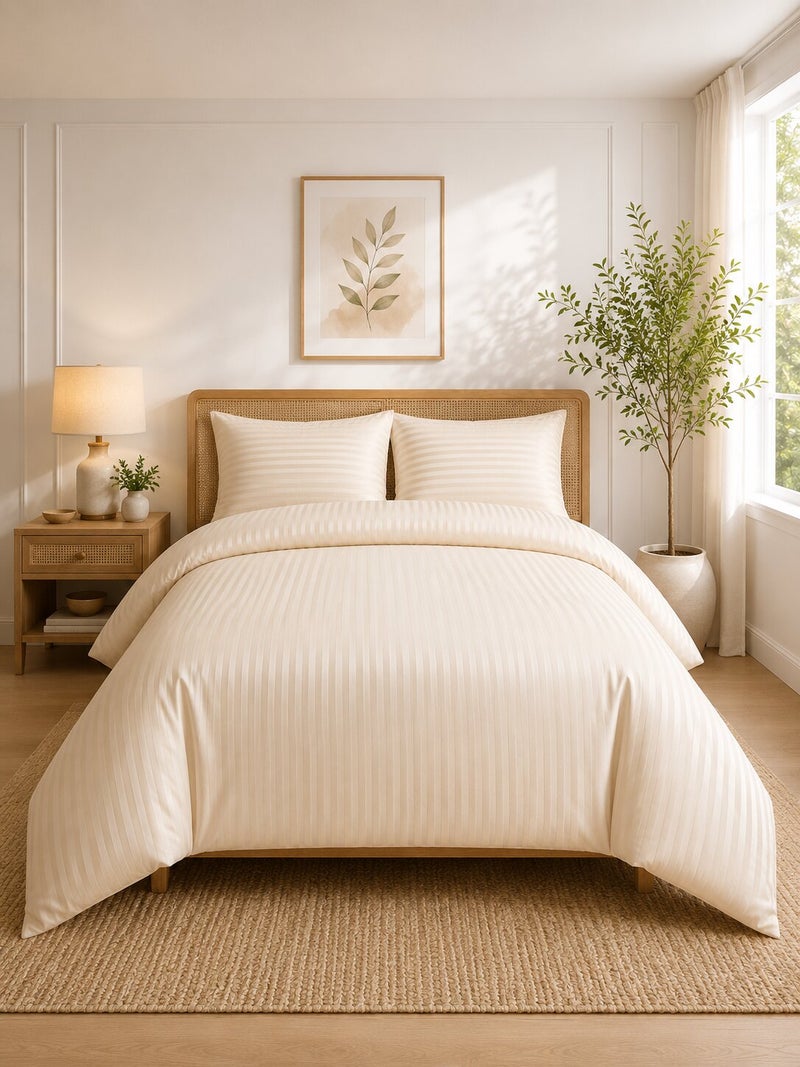 Aristocrat 4-Piece Stripe Microfiber Duvet Cover Set | Queen | Includes 1 Duvet Cover (220x240cm), 1 Deep Pocket Fitted Sheet (180x200+30cm) & 2 Pillowcases (53x75+15cm) | Ultra Soft, Breathable & Wrinkle Resistant | cream - Image 1