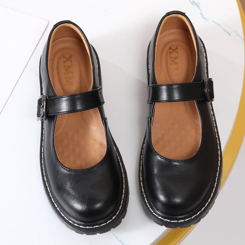 XMM Mary Jane Shoes Women Oxford Shoes Leather Round Toe Flats Non-Slip Ankle Buckle Strap Comfort Casual Dressy Cosplay Party School Work Shoes Black US 8.5 - Image 4