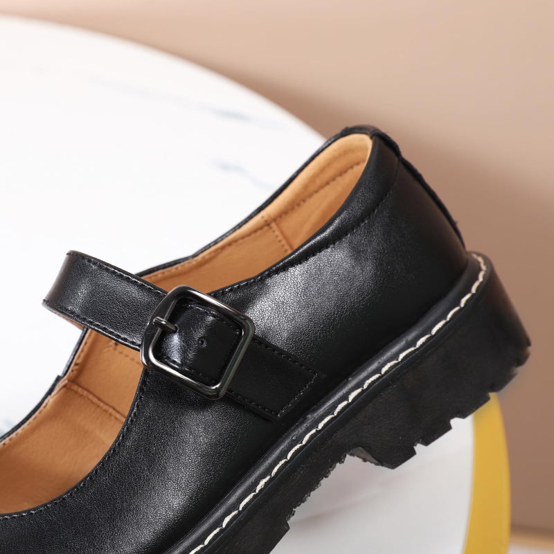 XMM Mary Jane Shoes Women Oxford Shoes Leather Round Toe Flats Non-Slip Ankle Buckle Strap Comfort Casual Dressy Cosplay Party School Work Shoes Black US 8.5 - Image 5