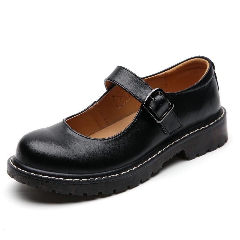 XMM Mary Jane Shoes Women Oxford Shoes Leather Round Toe Flats Non-Slip Ankle Buckle Strap Comfort Casual Dressy Cosplay Party School Work Shoes Black US 8.5 - Image 1