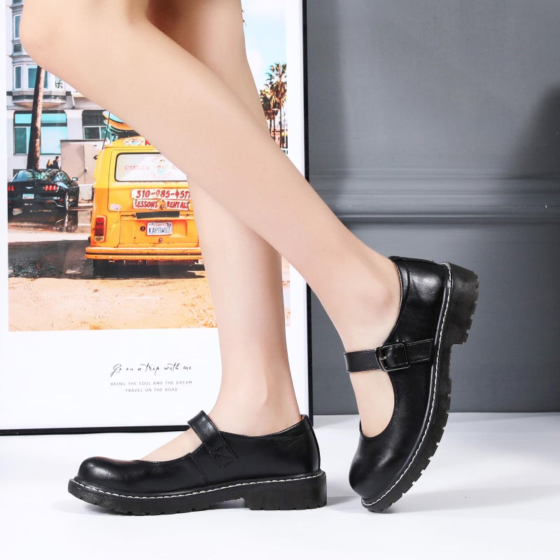 XMM Mary Jane Shoes Women Oxford Shoes Leather Round Toe Flats Non-Slip Ankle Buckle Strap Comfort Casual Dressy Cosplay Party School Work Shoes Black US 8.5 - Image 3