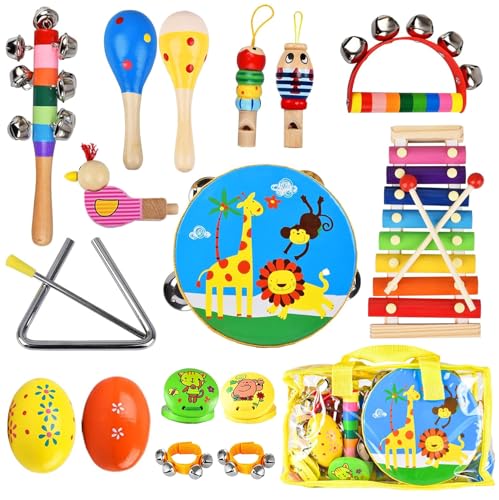 INLAIER Kids Musical Instruments Set 20 Pcs Toddler Wooden Percussion Instruments for Baby Children with Tambourine Xylophone Maracas Preschool Musical Toys Set for Boys and Girls with Carrying Bag - Image 1