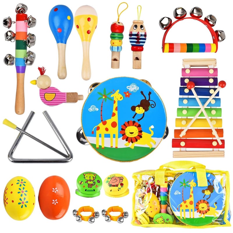 INLAIER Kids Musical Instruments Set 20 Pcs Toddler Wooden Percussion Instruments for Baby Children with Tambourine Xylophone Maracas Preschool Musical Toys Set for Boys and Girls with Carrying Bag - Image 2