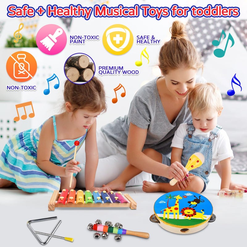 INLAIER Kids Musical Instruments Set 20 Pcs Toddler Wooden Percussion Instruments for Baby Children with Tambourine Xylophone Maracas Preschool Musical Toys Set for Boys and Girls with Carrying Bag - Image 3