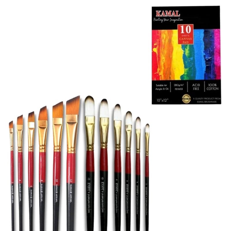 Kamal Combo of Filbert White Brown and Angular Paint Brush Set of 6 for Oil, Nail, Artist Acrylic Painting with Cotton Canvas Pad 10 X 12 Inch Set of 1 - Image 1