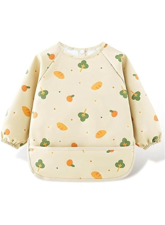 MIXDE Weaning Bib, Skin-Friendly Baby Weaning Bib Waterproof Baby Bibs 6-12 Months PU Baby Bibs with Sleeves Washable Coverall Bibs for Baby for Toddler and Baby Feeding (Beige) - Image 1