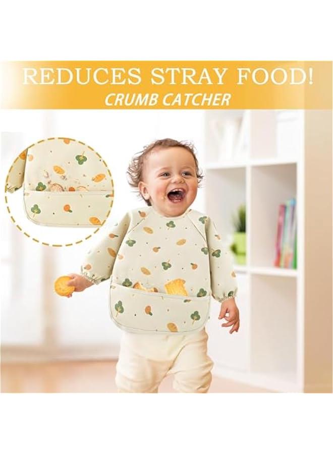 MIXDE Weaning Bib, Skin-Friendly Baby Weaning Bib Waterproof Baby Bibs 6-12 Months PU Baby Bibs with Sleeves Washable Coverall Bibs for Baby for Toddler and Baby Feeding (Beige) - Image 2
