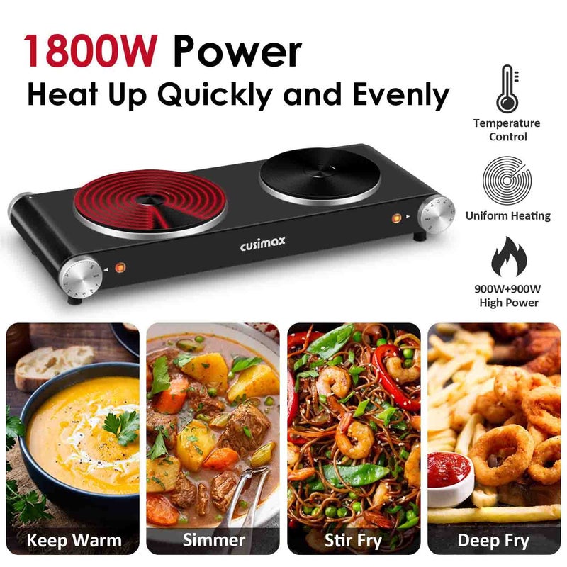 Cusimax Hot Plate for Cooking 1800W Portable Electric Double Burner Countertop Cooktop Cast Iron Stove Heating Plate with 7 Power Levels Adjustable Temp Control, Compatible for All Cookwares - Image 2