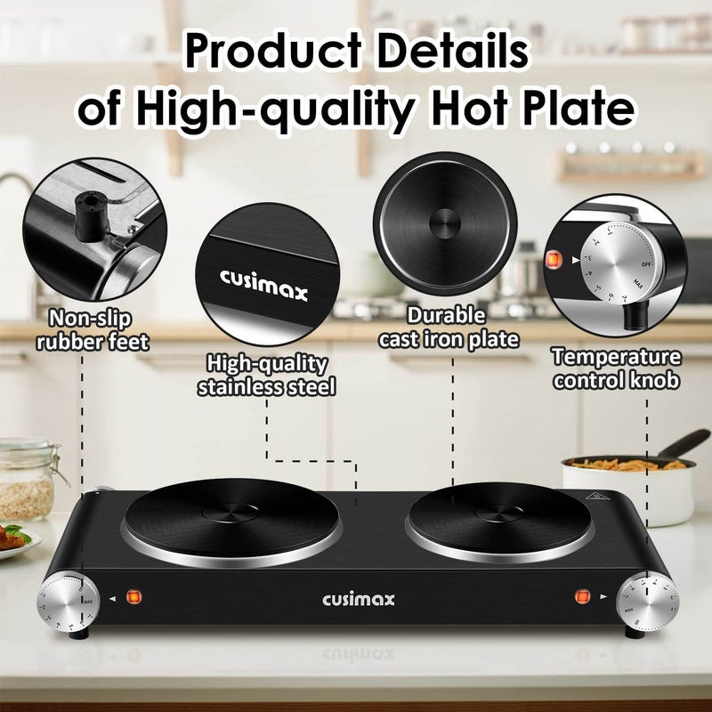 Cusimax Hot Plate for Cooking 1800W Portable Electric Double Burner Countertop Cooktop Cast Iron Stove Heating Plate with 7 Power Levels Adjustable Temp Control, Compatible for All Cookwares - Image 3