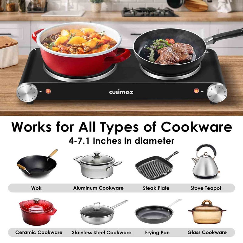 Cusimax Hot Plate for Cooking 1800W Portable Electric Double Burner Countertop Cooktop Cast Iron Stove Heating Plate with 7 Power Levels Adjustable Temp Control, Compatible for All Cookwares - Image 4