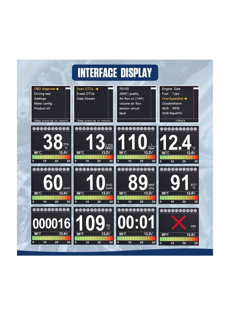 KASTWAVE - X60 Car Obd HUD متعدد الوظائف عداد رقمي إنذار سرعة قياس درجة حرارة الماء - اختبار خلل لـ 12 فولت OBD-II للمركبات القياسية عرض السيارات HUD - Image 1