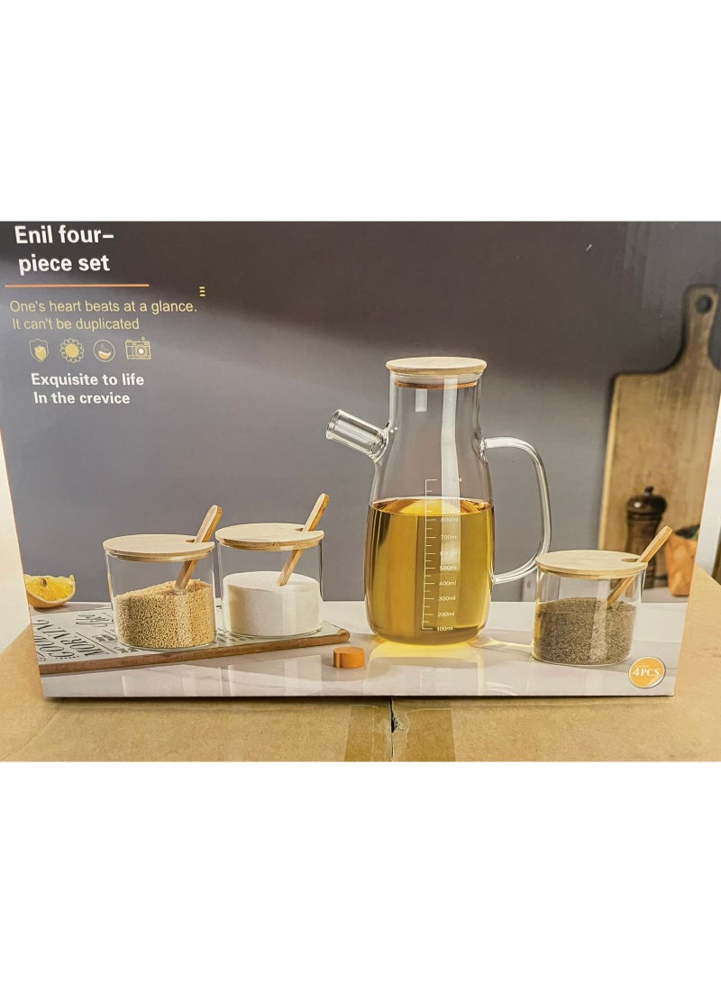 Premium 4-Piece Kitchen Oil Dispenser Set – Glass Oil Bottle with Measuring Scale & Wooden Lid + 3 Spice Jars with Lids & Spoons – Elegant Storage for Oil, Salt, Sugar & Seasonings