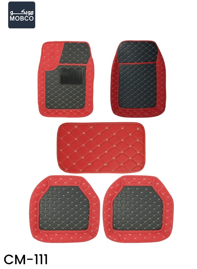 Mobco مجموعة حصائر سيارات MOBCO CM-111 العالمية 5 قطع  حصائر سيارات جلد PU مقاومة للماء حمراء وسوداء  مضادة للانزلاق، خالية من الروائح، سهلة التنظيف  صديقة للبيئة، متينة، وسادة كعب مريحة للمقاعد الأمامية والخلفية - Image 1