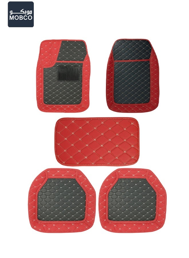 Mobco مجموعة حصائر سيارات MOBCO CM-111 العالمية 5 قطع  حصائر سيارات جلد PU مقاومة للماء حمراء وسوداء  مضادة للانزلاق، خالية من الروائح، سهلة التنظيف  صديقة للبيئة، متينة، وسادة كعب مريحة للمقاعد الأمامية والخلفية - Image 2