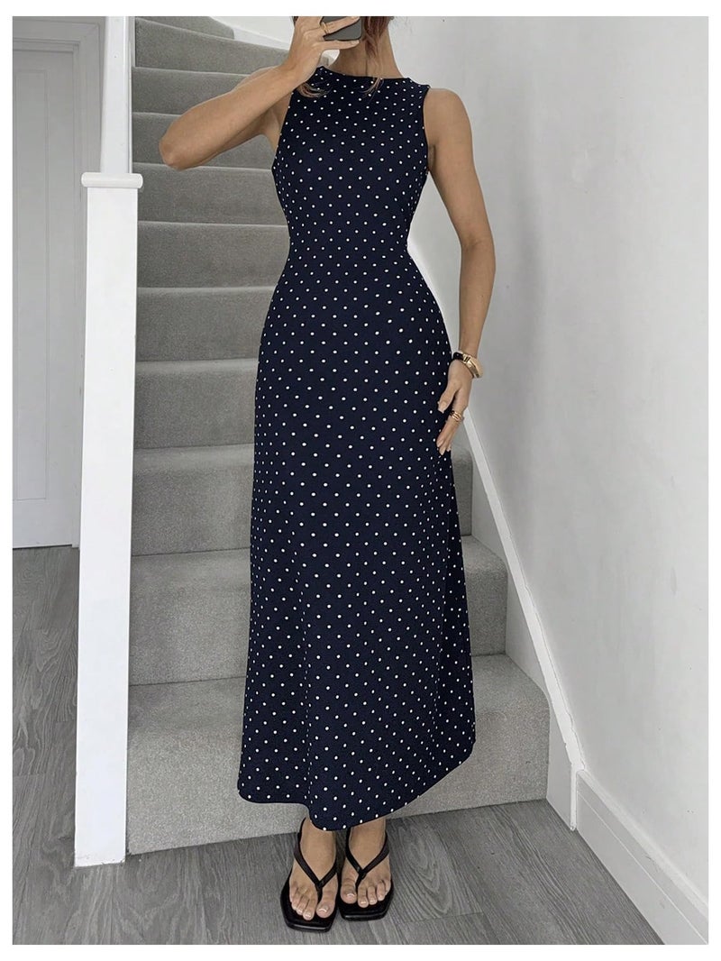 Verdusa Women's Polka Dots Backless Dress Sleeveless Going Out Long Dresses Brunch Outfits Dark Blue Medium - Image 4