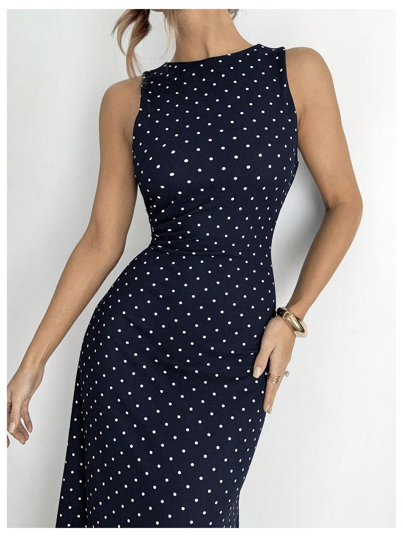 Verdusa Women's Polka Dots Backless Dress Sleeveless Going Out Long Dresses Brunch Outfits Dark Blue Medium - Image 3