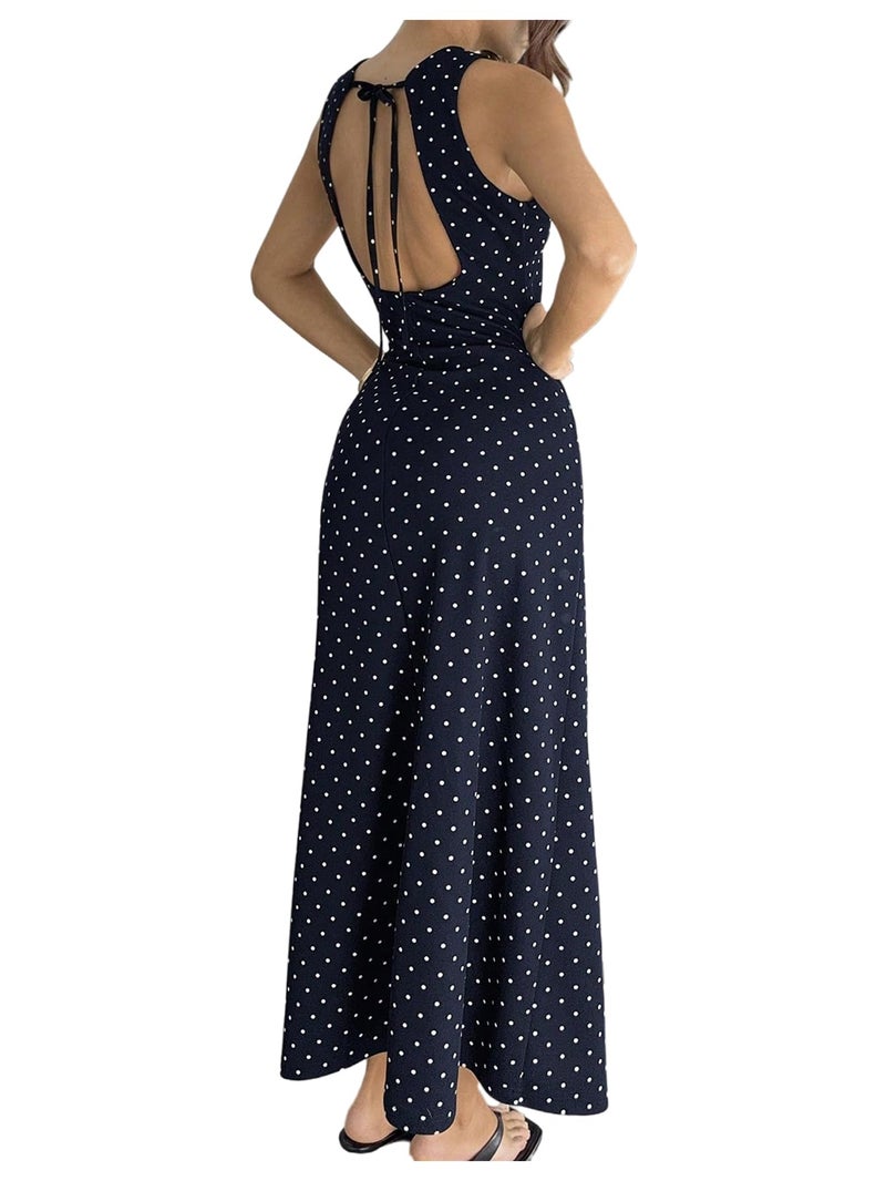 Verdusa Women's Polka Dots Backless Dress Sleeveless Going Out Long Dresses Brunch Outfits Dark Blue Medium - Image 1