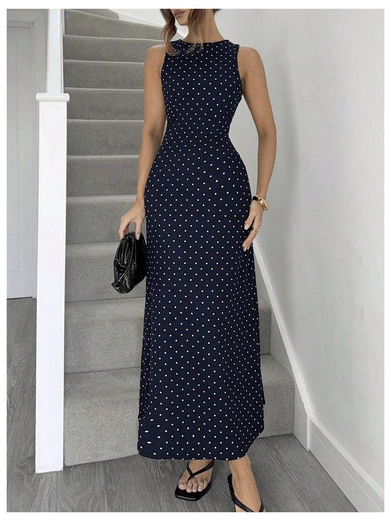 Verdusa Women's Polka Dots Backless Dress Sleeveless Going Out Long Dresses Brunch Outfits Dark Blue Medium - Image 5