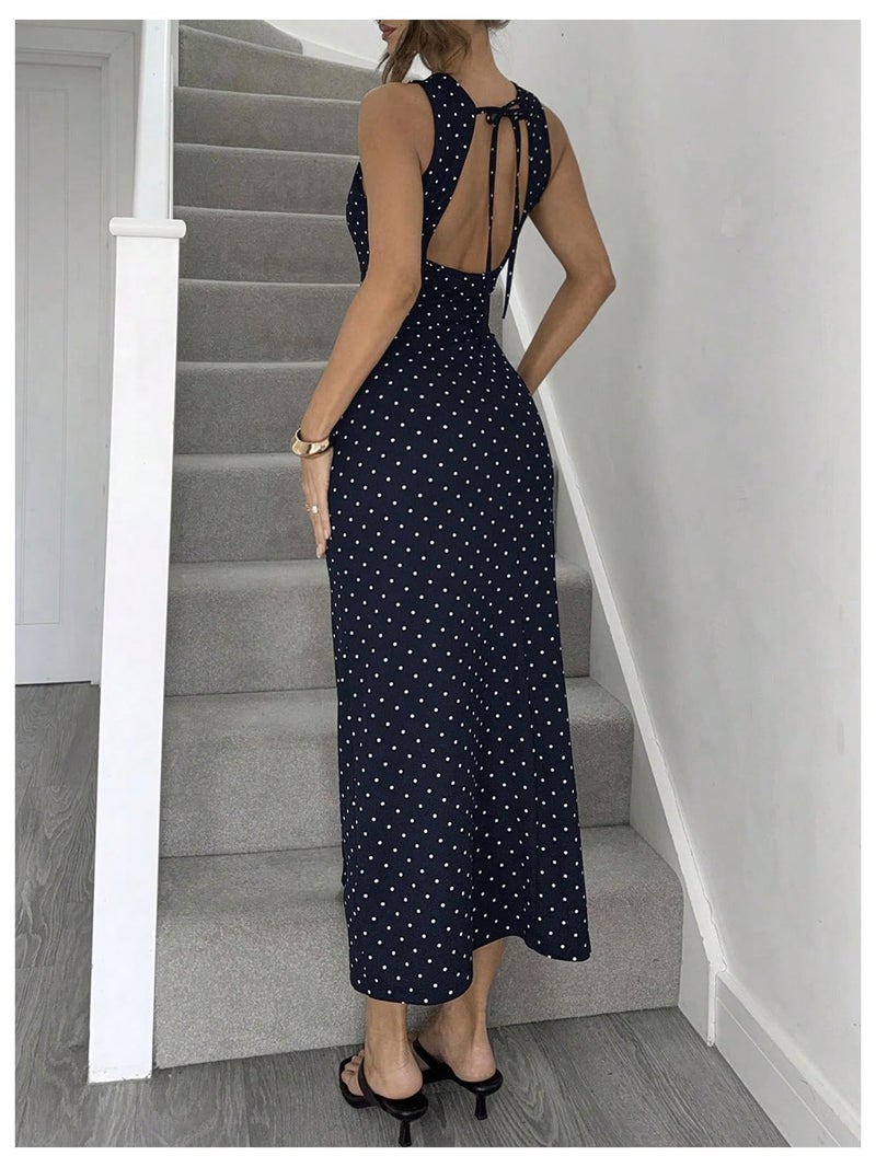 Verdusa Women's Polka Dots Backless Dress Sleeveless Going Out Long Dresses Brunch Outfits Dark Blue Medium - Image 2