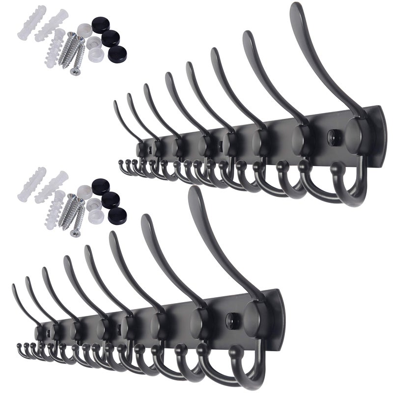 WEBI Coat Rack Wall Mount Long 8 Tri Hooks for Hanging 30 Inch Hook Rail Hanger for Clothes Jackets Hats Black 2 Packs