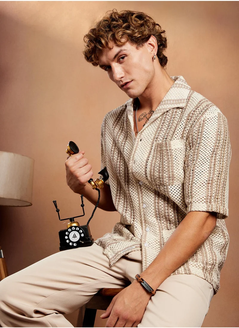 Campus Sutra Campus Sutra Men's White & Brown Striped Open-Knit Oversized Shirt For Casual Wear | Spread Collar | Short Regular Sleeve | Button Closure | Oversized Shirt Crafted With Comfort Fit For Everyday Wear