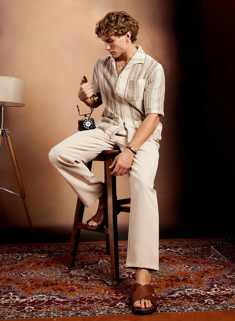 Campus Sutra Campus Sutra Men's White & Brown Striped Open-Knit Oversized Shirt For Casual Wear | Spread Collar | Short Regular Sleeve | Button Closure | Oversized Shirt Crafted With Comfort Fit For Everyday Wear