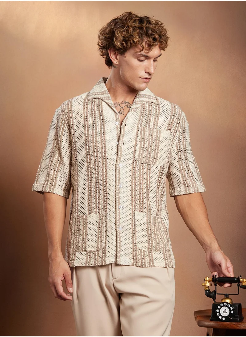Campus Sutra Campus Sutra Men's White & Brown Striped Open-Knit Oversized Shirt For Casual Wear | Spread Collar | Short Regular Sleeve | Button Closure | Oversized Shirt Crafted With Comfort Fit For Everyday Wear