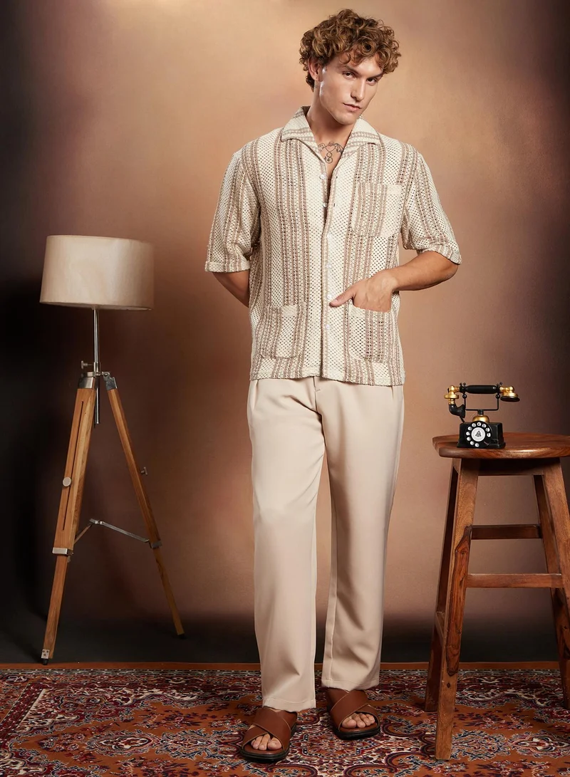 Campus Sutra Campus Sutra Men's White & Brown Striped Open-Knit Oversized Shirt For Casual Wear | Spread Collar | Short Regular Sleeve | Button Closure | Oversized Shirt Crafted With Comfort Fit For Everyday Wear