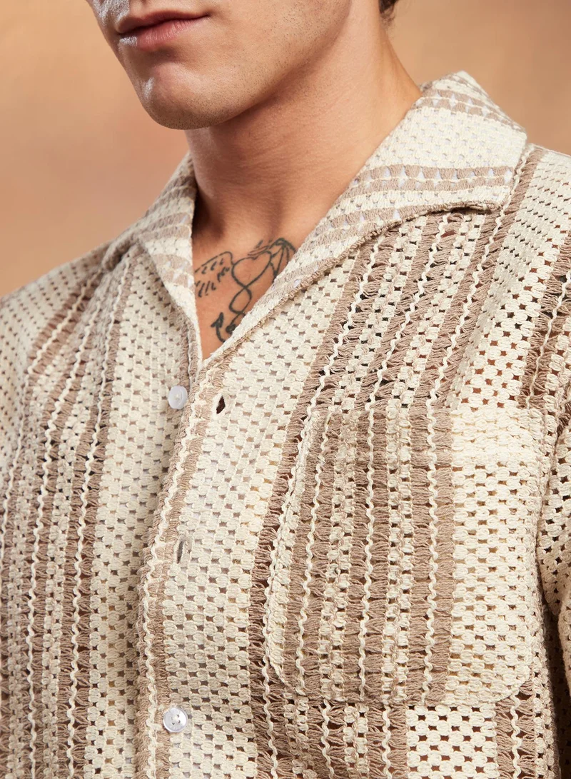 Campus Sutra Campus Sutra Men's White & Brown Striped Open-Knit Oversized Shirt For Casual Wear | Spread Collar | Short Regular Sleeve | Button Closure | Oversized Shirt Crafted With Comfort Fit For Everyday Wear