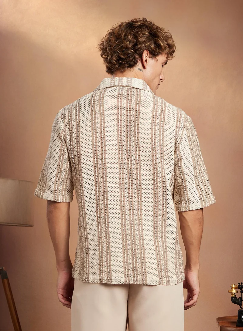 Campus Sutra Campus Sutra Men's White & Brown Striped Open-Knit Oversized Shirt For Casual Wear | Spread Collar | Short Regular Sleeve | Button Closure | Oversized Shirt Crafted With Comfort Fit For Everyday Wear