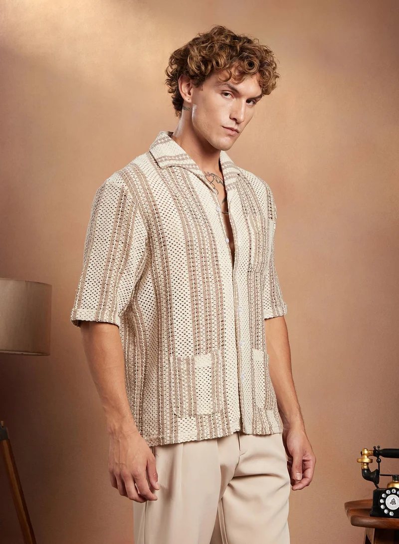 Campus Sutra Campus Sutra Men's White & Brown Striped Open-Knit Oversized Shirt For Casual Wear | Spread Collar | Short Regular Sleeve | Button Closure | Oversized Shirt Crafted With Comfort Fit For Everyday Wear