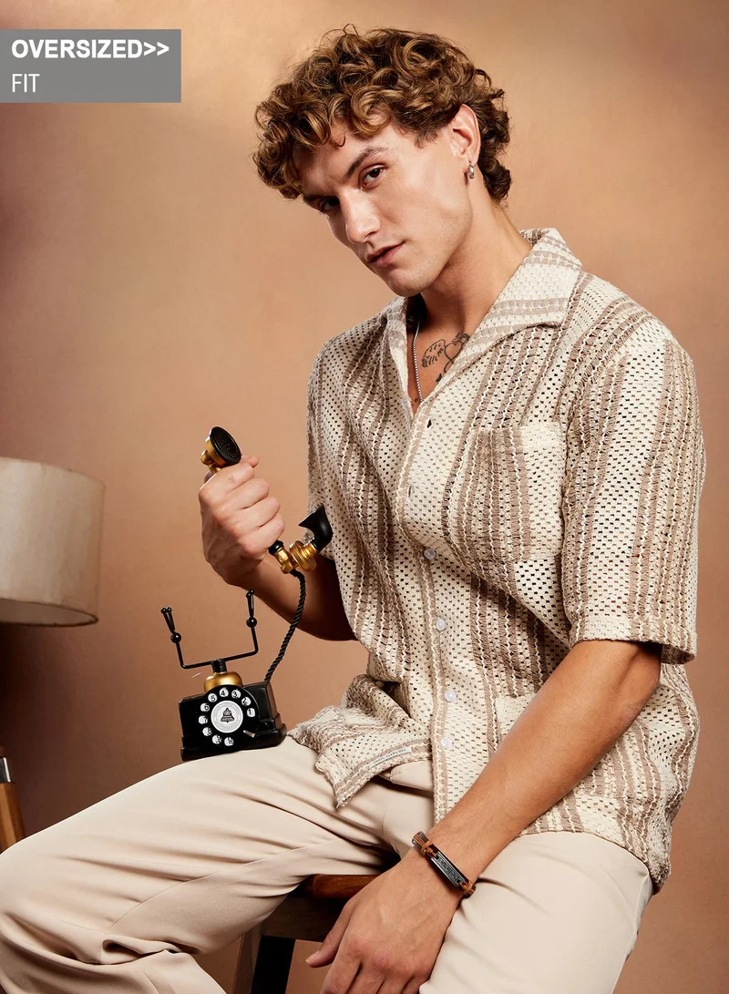 Campus Sutra Campus Sutra Men's White & Brown Striped Open-Knit Oversized Shirt For Casual Wear | Spread Collar | Short Regular Sleeve | Button Closure | Oversized Shirt Crafted With Comfort Fit For Everyday Wear