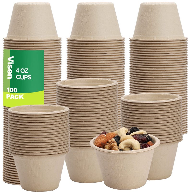 Visen 100 Pack Compostable Portion CupsDisposable Paper Cups for Condiment4 oz Food Sample Cups100 Biodegradable Souffle CupsDisposable Cups for Jello Shot  Samples Honey Nuts Natural