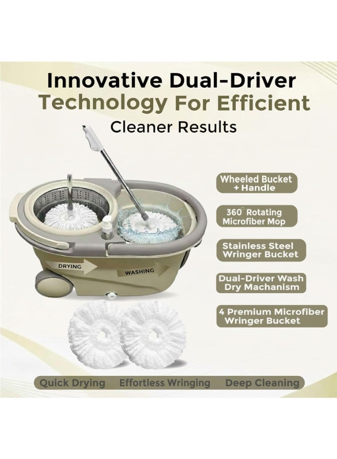 360° Rotating Microfiber Spin Mop & Magic Bucket Set | Adjustable Handle, Super Absorbent CleanerFloor  for Home & Commercial Use | Includes 4 Mop Heads | Beige/Gray, For Tile, Wood & Marble Floors. - Image 3