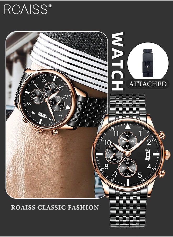 roaiss - Men's Business Watch with Date Luminous Analog Display Round Wristwatch Stainless Steel Strap with Stopwatch Chronograph Function - Image 1