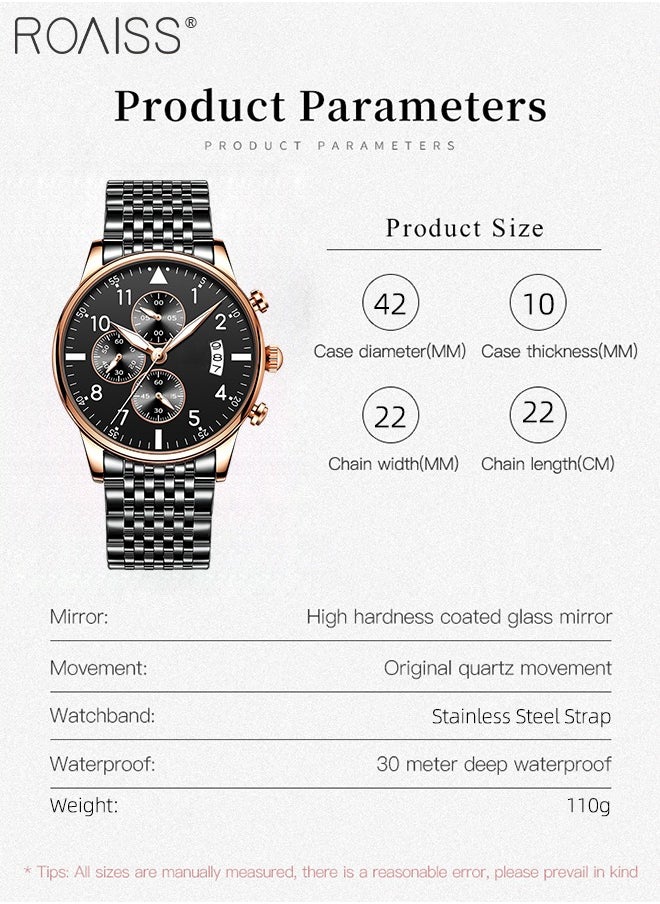 roaiss - Men's Business Watch with Date Luminous Analog Display Round Wristwatch Stainless Steel Strap with Stopwatch Chronograph Function - Image 1