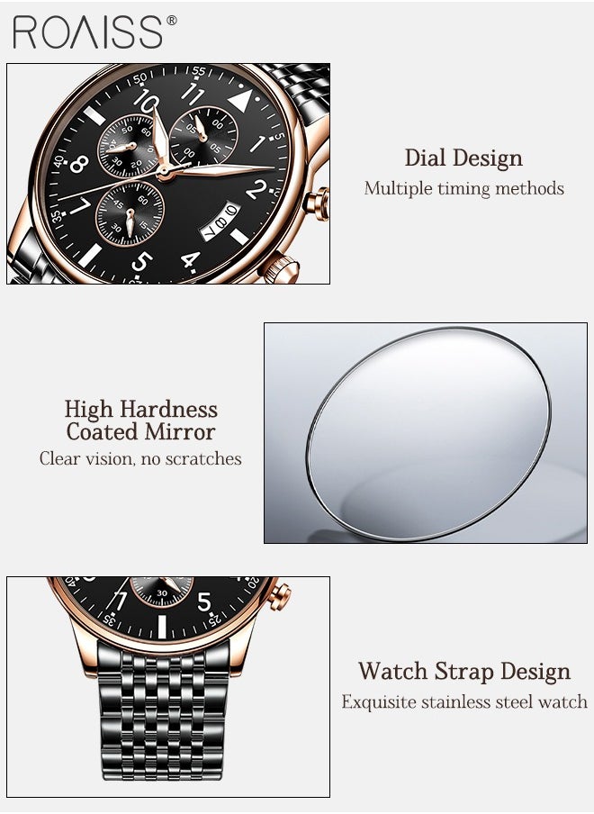 roaiss - Men's Business Watch with Date Luminous Analog Display Round Wristwatch Stainless Steel Strap with Stopwatch Chronograph Function - Image 1
