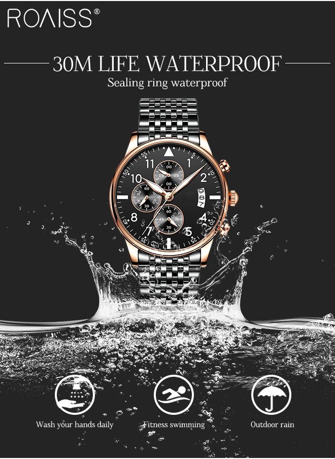 roaiss - Men's Business Watch with Date Luminous Analog Display Round Wristwatch Stainless Steel Strap with Stopwatch Chronograph Function - Image 1