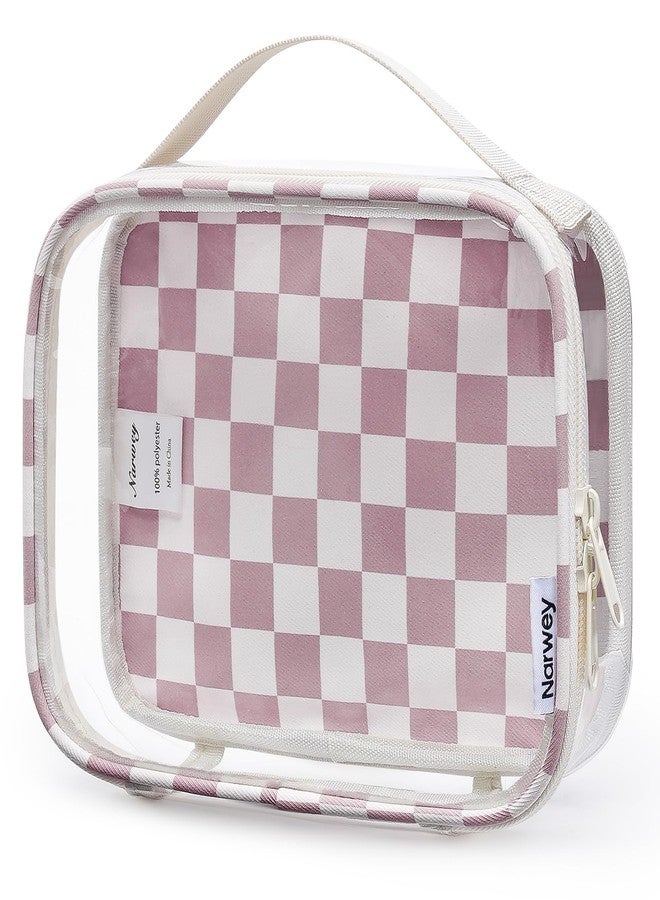 Narwey TSA Approved Clear Toiletry Bag for Travel, Waterproof PVC Clear Makeup Bags, Portable Compact Cosmetic Bag Make Up Organizer, Airport Airline Quart Size Compliant Bag (Dusty Pink Checkerboard) - Image 1