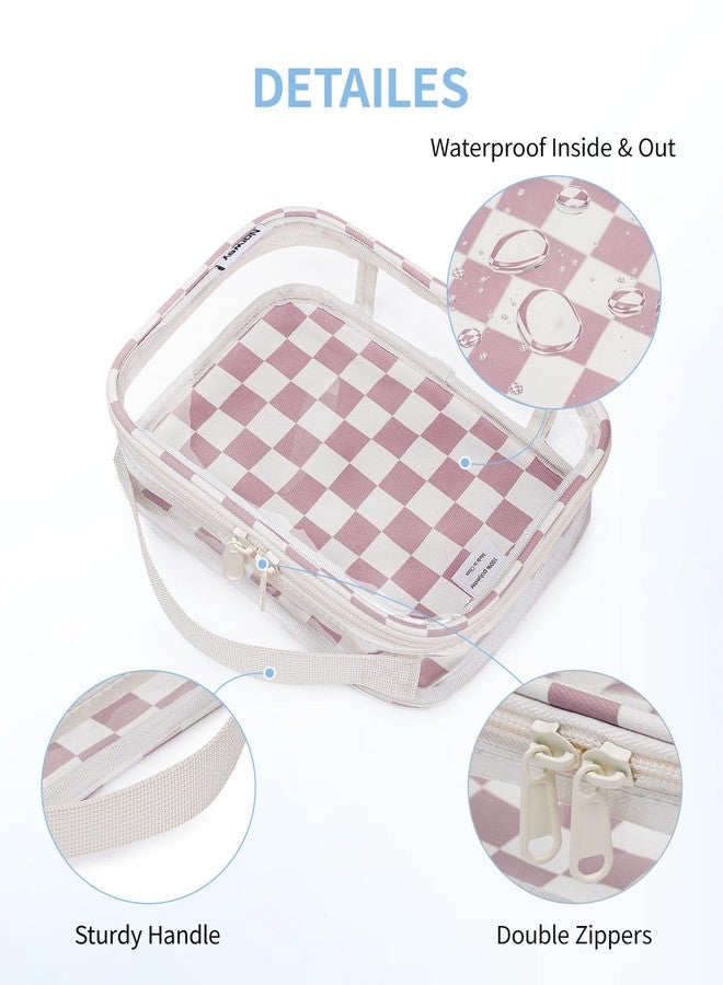 Narwey TSA Approved Clear Toiletry Bag for Travel, Waterproof PVC Clear Makeup Bags, Portable Compact Cosmetic Bag Make Up Organizer, Airport Airline Quart Size Compliant Bag (Dusty Pink Checkerboard) - Image 4