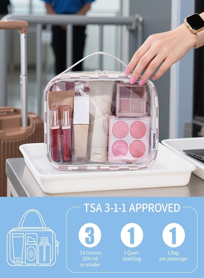 Narwey TSA Approved Clear Toiletry Bag for Travel, Waterproof PVC Clear Makeup Bags, Portable Compact Cosmetic Bag Make Up Organizer, Airport Airline Quart Size Compliant Bag (Dusty Pink Checkerboard) - Image 2