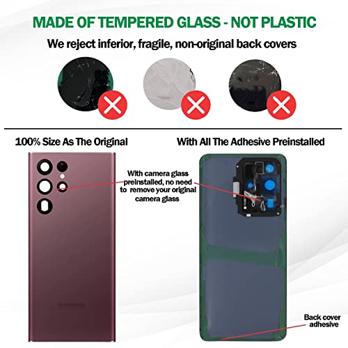 ASDAWN Galaxy S22 Ultra Back Glass Cover Housing Door Replacement w/All The Adhesive+Pre-Installed Camera Lens+Installation Manual+Tools for Samsung Galaxy S22 Ultra 5G SM-S908 All Carriers (Burgundy) - Image 4