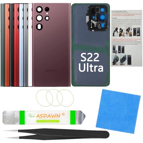 ASDAWN Galaxy S22 Ultra Back Glass Cover Housing Door Replacement w/All The Adhesive+Pre-Installed Camera Lens+Installation Manual+Tools for Samsung Galaxy S22 Ultra 5G SM-S908 All Carriers (Burgundy) - Image 1
