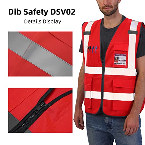Dib Safety Reflective Vest High Visibility with Pockets and Zipper, Red XL - Image 5