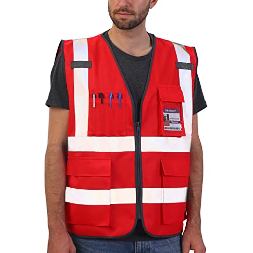 Dib Safety Reflective Vest High Visibility with Pockets and Zipper, Red XL - Image 3