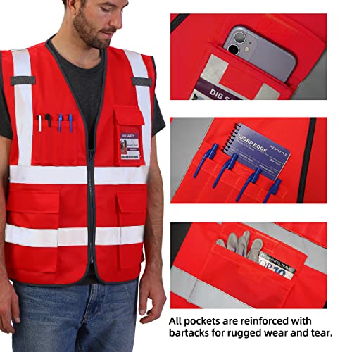 Dib Safety Reflective Vest High Visibility with Pockets and Zipper, Red XL - Image 4