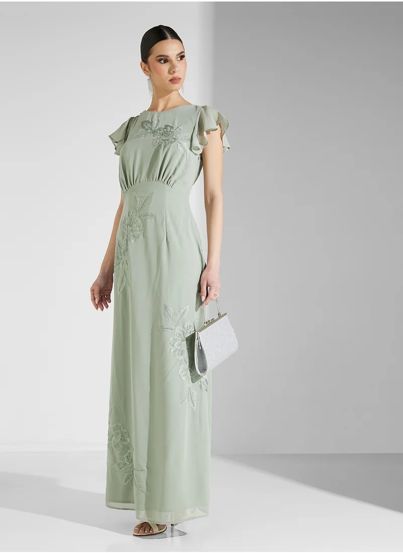 Maya Cowl Back Embroidered And Beaded Maxi Dress